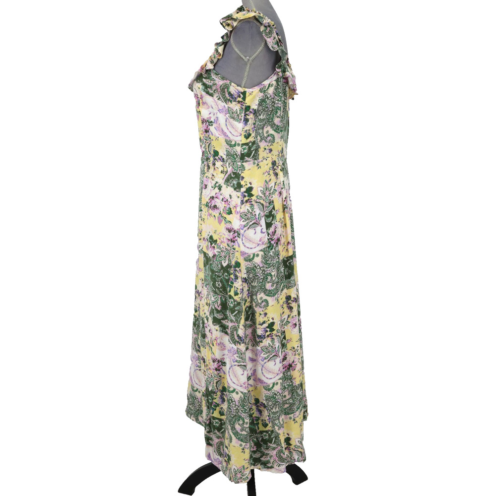 Loft Dress Womens Medium Green Yellow Floral Cotton Rayon Back Zip Ruffle Trim - Picture 11 of 13